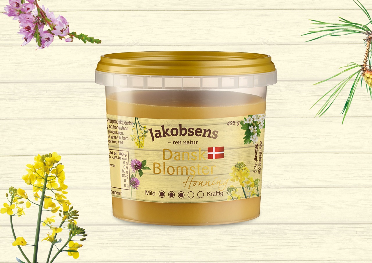 emballagedesign case Jakobsens Best Dansk blomster honning