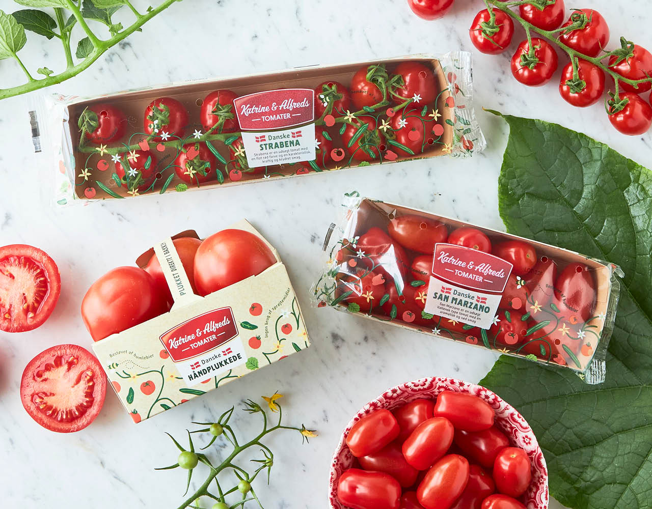 Emballagedesign Katrine & Alfreds Danske tomater