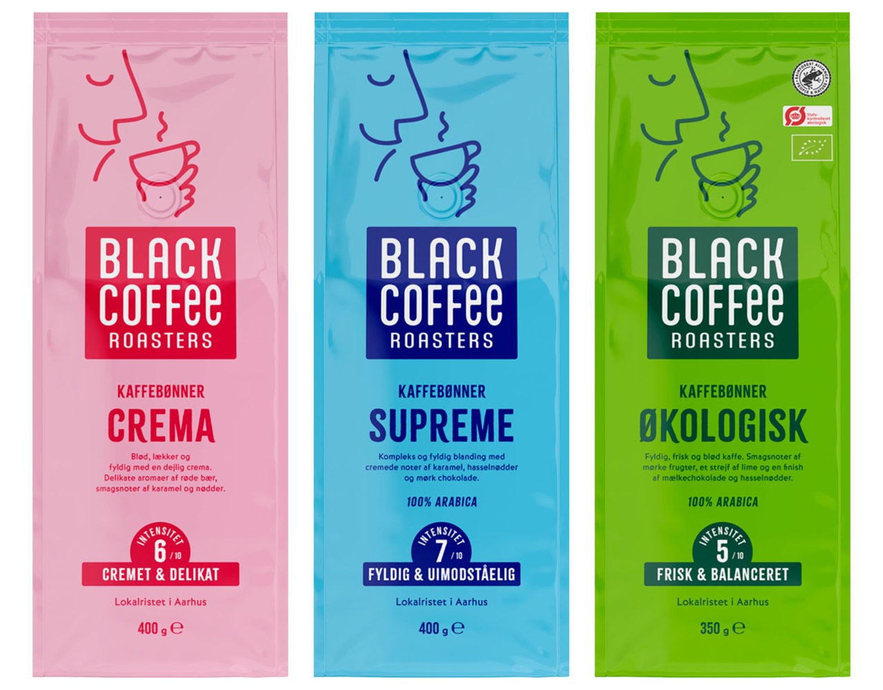 Black Coffee Roasters Crema Supreme Økologisk emballagedesign hele kaffebønner