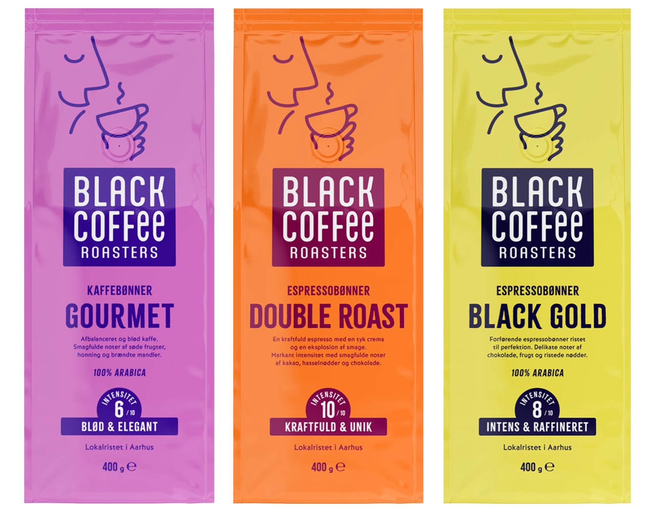 Black Coffee Roasters Black Gold Double Roast Gourmet emballagedesign hele kaffebønner