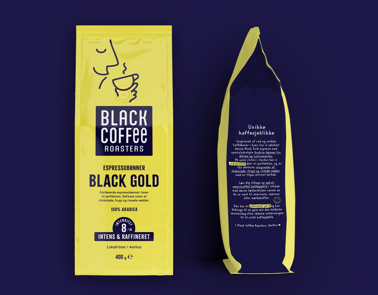 Black Coffee Roasters Black Gold emballagedesign hele kaffebønner